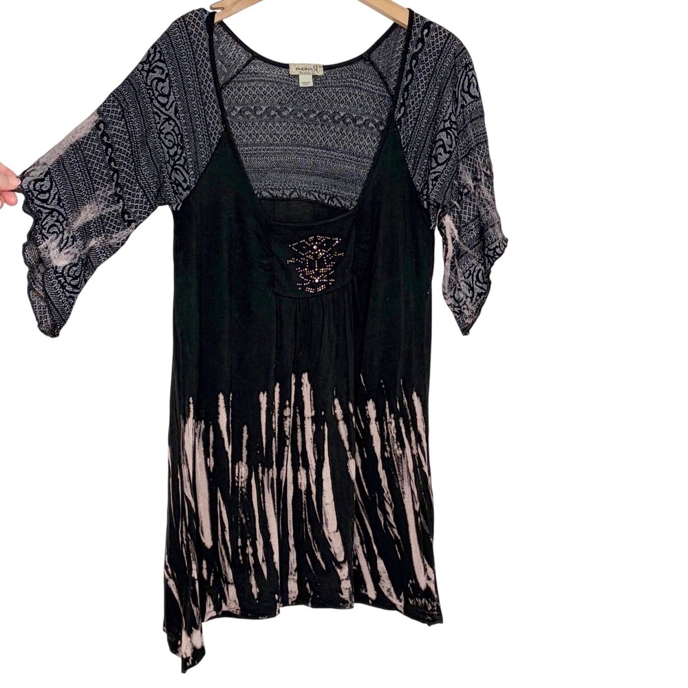 One World Womens Black‎ Tie Dye Overlay Tunic Top Boho Festival Embellished Sz M